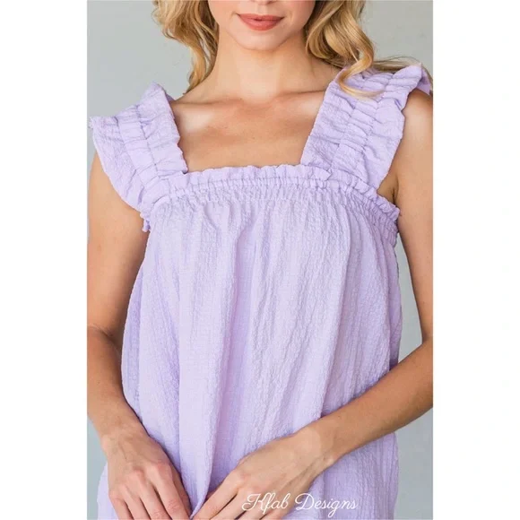 ❤️LAST ONE! Lavender Ruffled Elastic Shoulder Cotton Spring Top! - Picture 5 of 5